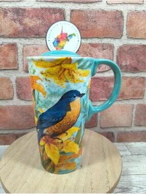 Cypress Home Ceramic Travel Mug 17oz  Eastern Bluebird Yellow Lilies w/ Lid NWT
